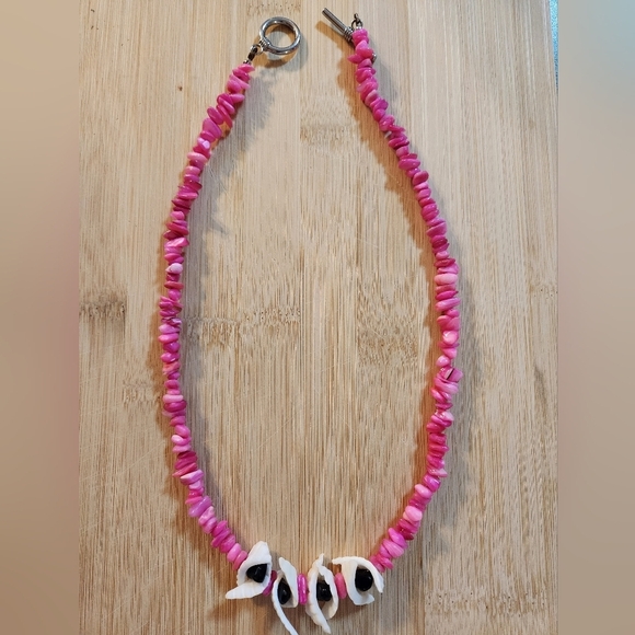 Hand Crafted Pink Beaded Necklace, Bracelet, and Earrings Set White Black Accent - Picture 3 of 11